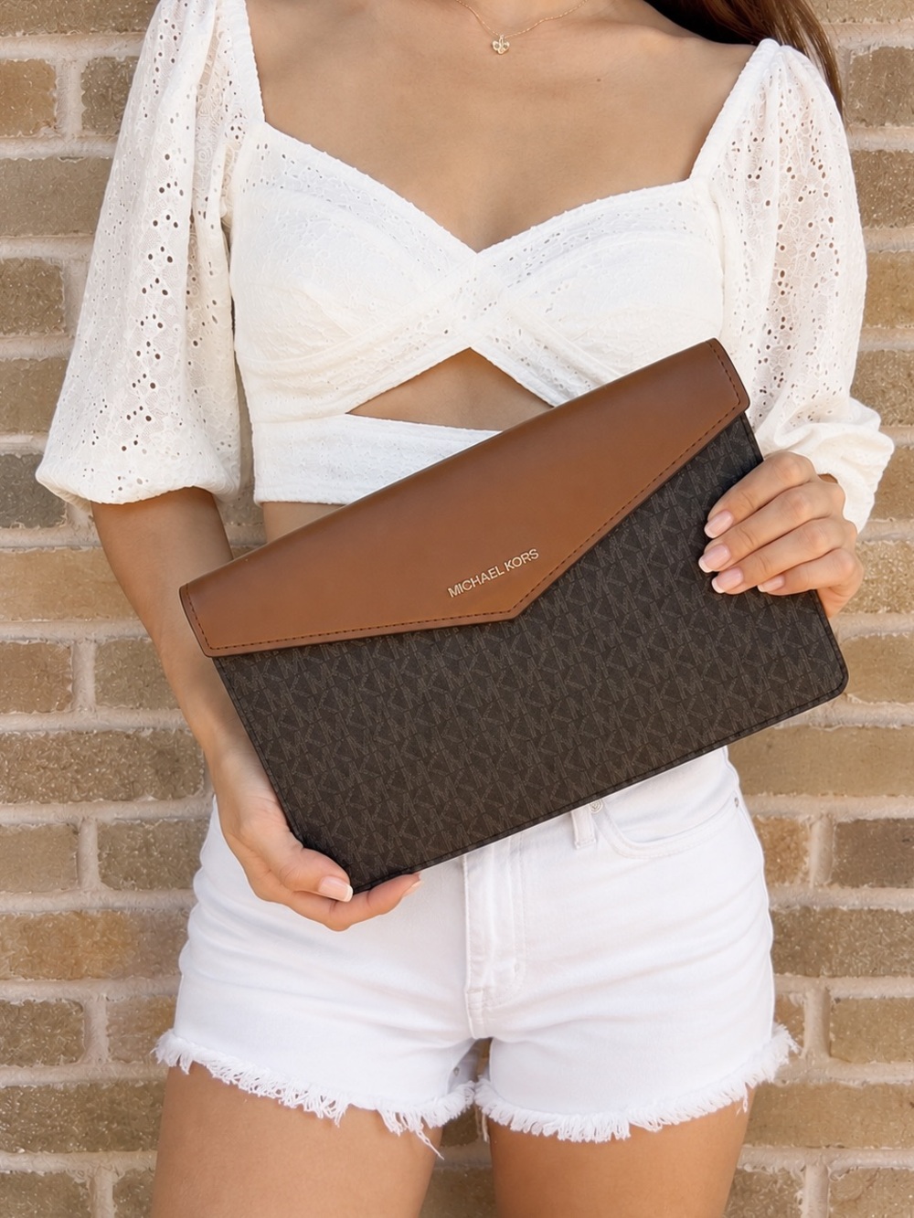 Michael Kors Maisie XL Brown Signature Envelope Clutch with Charm- Authentic